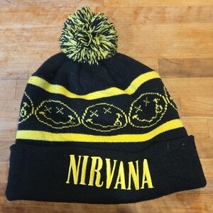 NIRVANA Black and Yellow Smiley Pom-Pom Beanie